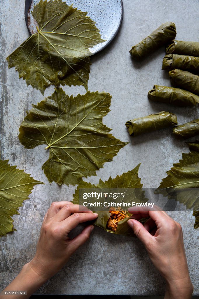 Hands rolling stuffed vine leave (koupepia / dolmades )