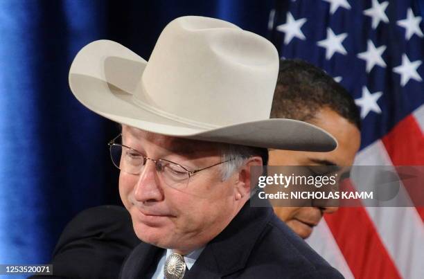 Interior secretary nominee Ken Salazar takes the stage after being introduced by president-elect Barack Obama during a press conference to announce...