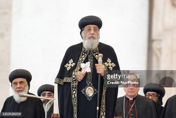 Leader of the Coptic Orthodox Church of Alexandria, Pope Tawadros II attends Pope Francis' weekly general audience on May 10, 2023 at St. Peter's...