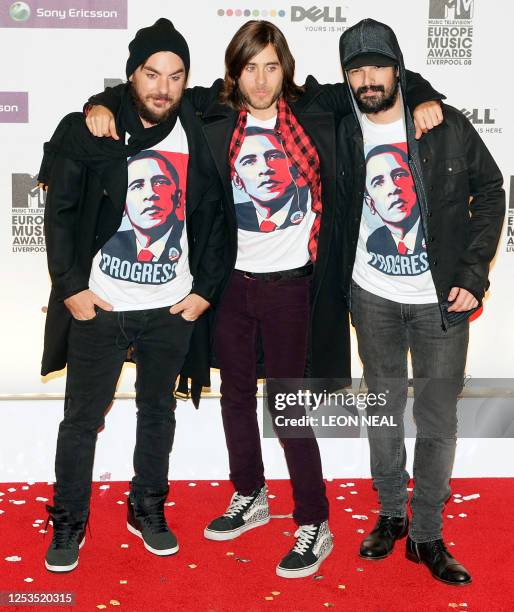 Rock band 30 Seconds to Mars arrives at the 2008 MTV Europe Music Awards at the Echo Arena in Liverpool on November 6, 2008. Hosted by singer Kate...