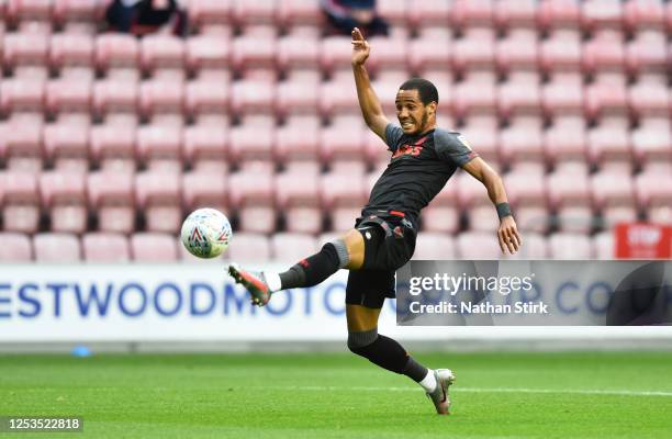 Tom Ince of Stoke City attempts a shot at goal during the Sky Bet Championship match between Wigan Athletic and Stoke City at DW Stadium on June 30,...