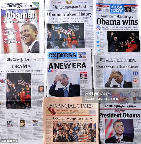 Front pages of newspapers announcing Democrat Barack Obama's victory in the US presidential election are displayed on November 5, 2008 in Washington,...