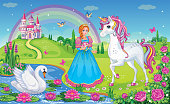 Beautiful Princess with white unicorn and Swan. Fairytale background with flower meadow, castle, rainbow, lake. Wonderland. Magical landscape. Children's cartoon illustration. Romantic story. Vector.