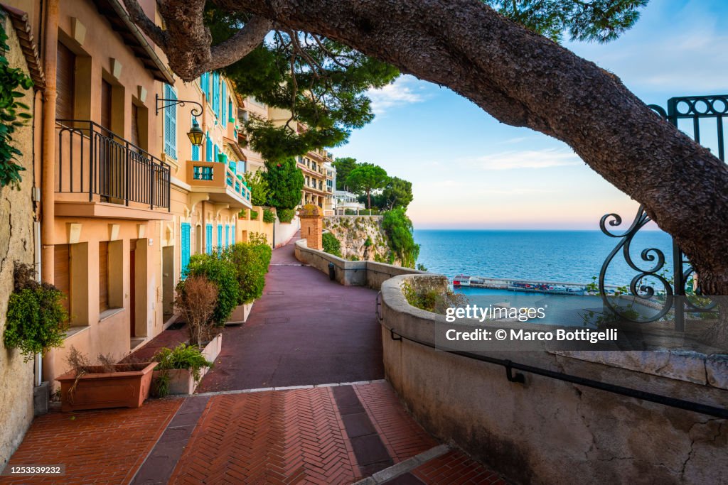 Scenic walk on the Rock of Monaco overlooking Port de Fontvieille, Monaco