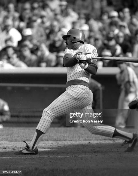 Gary Matthews of the Chicago Cubs bats during a MLB game at Wrigley Field in Chicago, Illinois. Matthews played for the Chicago Cubs from 1984-87.