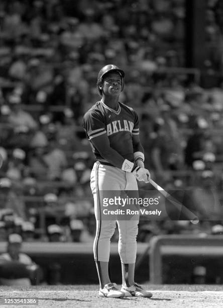 Rickey Henderson of the Oakland A"u2019s bats during a MLB game at Comiskey Park in Chicago, Illinois. Henderson played for the Oakland A"u2019s from...