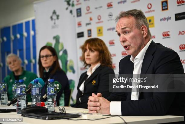 Dublin , Ireland - 10 May 2023; IRFU Chief Executive Officer Kevin Potts, right, with, from left, IRFU Head of Equity, Diversity and Inclusivity Anne...