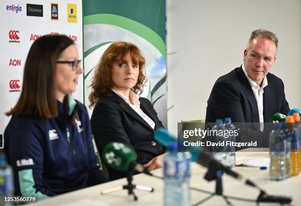 Dublin , Ireland - 10 May 2023; IRFU Chief Executive Officer Kevin Potts, right, with, from left, IRFU Head of Women's Performance and Pathways...