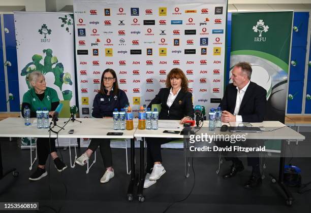 Dublin , Ireland - 10 May 2023; IRFU Chief Executive Officer Kevin Potts, right, with, from left, IRFU Head of Equity, Diversity and Inclusivity Anne...