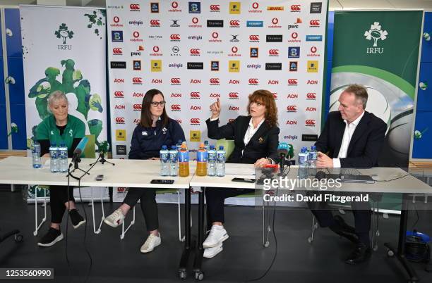 Dublin , Ireland - 10 May 2023; IRFU Chief Executing Officer Kevin Potts, right, with, from left, IRFU Head of Equity, Diversity and Inclusivity Anne...