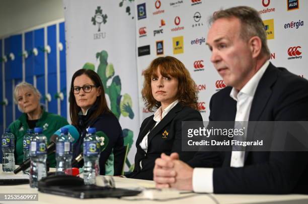 Dublin , Ireland - 10 May 2023; IRFU Chief Executive Officer Kevin Potts, right, with, from left, IRFU Head of Equity, Diversity and Inclusivity Anne...