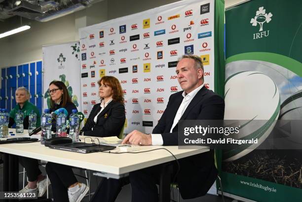 Dublin , Ireland - 10 May 2023; IRFU Chief Executive Officer Kevin Potts, right, with, from left, IRFU Head of Equity, Diversity and Inclusivity Anne...