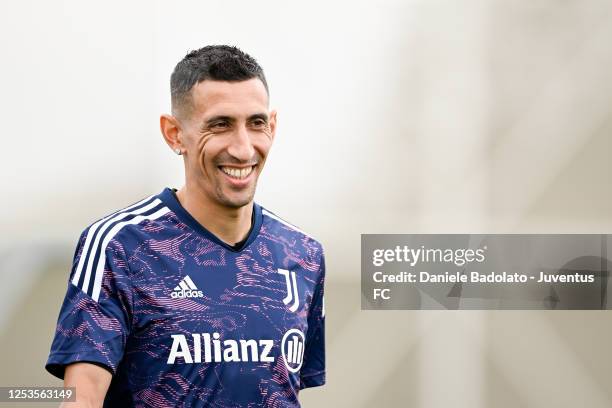 Angel Di Maria of Juventus during a training session ahead of their UEFA Europa League semi-final first leg match against Sevilla FC at Allianz...