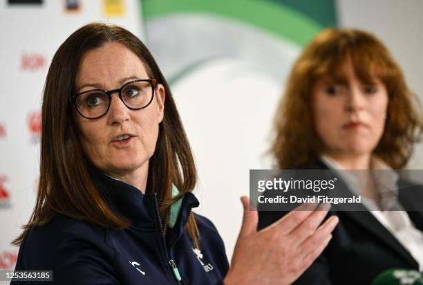 Dublin , Ireland - 10 May 2023; IRFU Head of Women's Performance and Pathways Gillian McDarby, left, and Chair of the Women's Subcommittee Fiona...