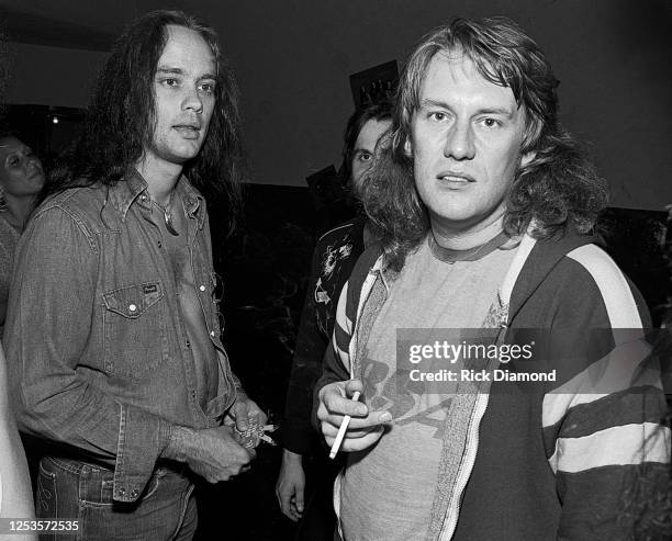 Rickey Medlocke of Blackfoot with Alvin Lee of Ten Years After backstage during afterparty at The Fox Theater in Atlanta Georgia, July 24,1981 (Photo...