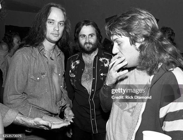 Rickey Medlocke of Blackfoot with Alvin Lee of Ten Years After backstage during afterparty at The Fox Theater in Atlanta Georgia, July 24,1981 (Photo...