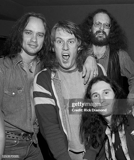 Rickey Medlocke of Blackfoot, Alvin Lee of Ten Years After, Charlie Hargrett Blackfoot and Greg T. Walker Blackfoot backstage during afterparty at...