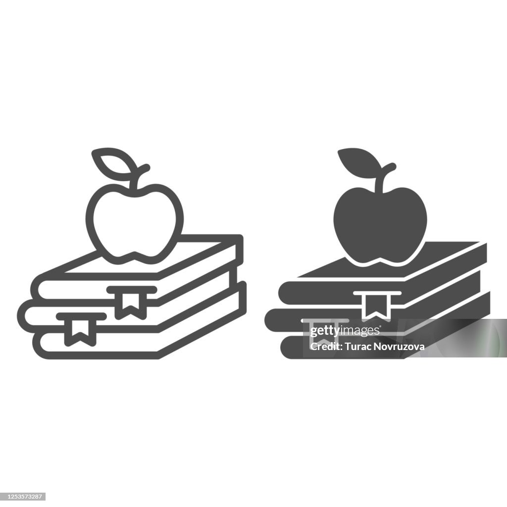 Books and apple line and solid icon, Education concept, School book and apple sign on white background, stack of books with fruit on top icon in outline style for mobile, web design. Vector graphics.
