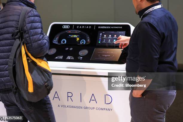 Demonstration stand of technology using Cariad software at the Volkswagen AG annual general meeting in the CityCube Berlin conference centre in...