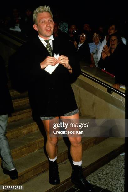 Fashion designer Jean Paul Gaultier leaves the 40th Cannes film Festival in May 1987, in Cannes, France.