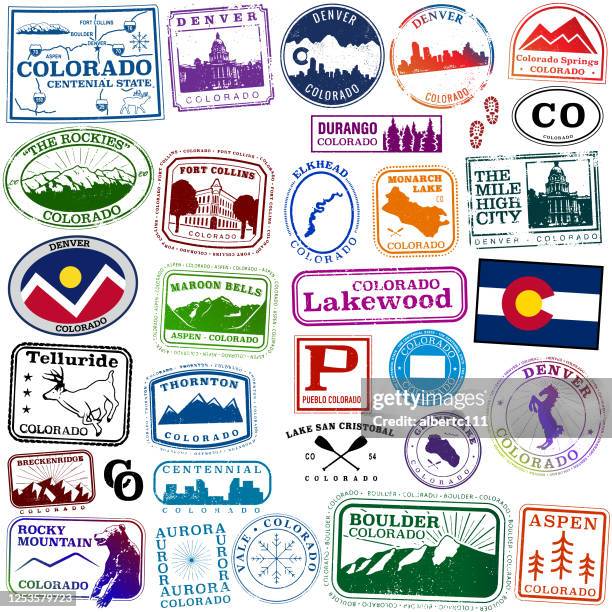 colorado state travel passport style stamps - denver landmarks stock illustrations