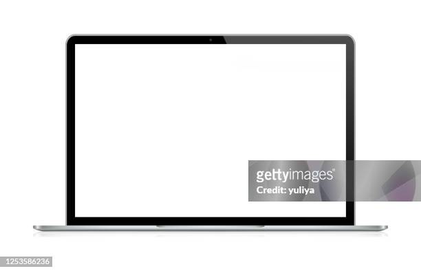 laptop in black and silver color with reflection, realistic vector illustration - device screen stock illustrations