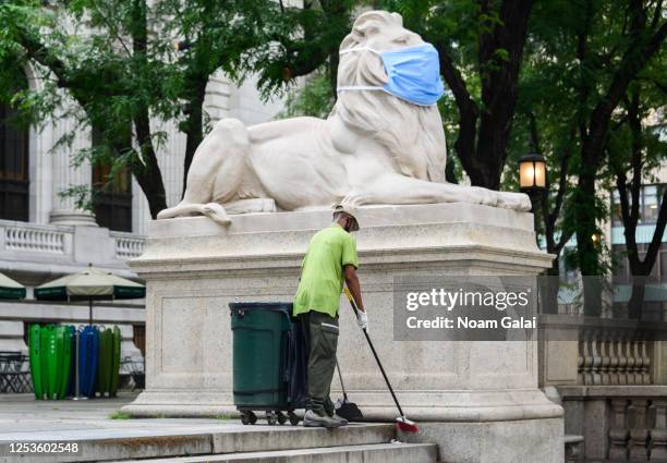 Sanitation worker cleans near the Patience & Fortitude Lion statue outside The New York Public Library as New York City moves into Phase 2 of...