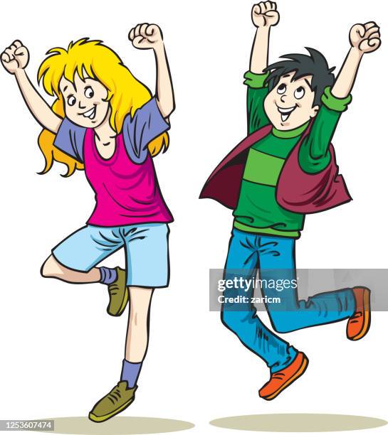 two smiling teenage people jumping raising hands vector flat illustration. - happy couple stock illustrations