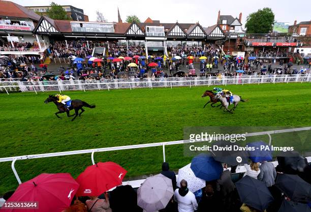 Amleto ridden by jockey Tom Marquand on their way to winning the Deepbridge Syndicate Maiden Stakes during the Boodles May Festival City Day at...