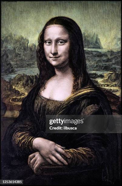 kolorierte gravur von leonardos mona lisa (la gioconda) - famous renaissance women stock-grafiken, -clipart, -cartoons und -symbole