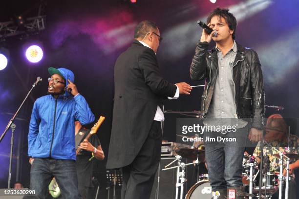 Jamie Cullum performs as a special guest with Del the Funky Homosapien and Dan the Automator of Deltron 3030 on the West Holts stage during Day One...