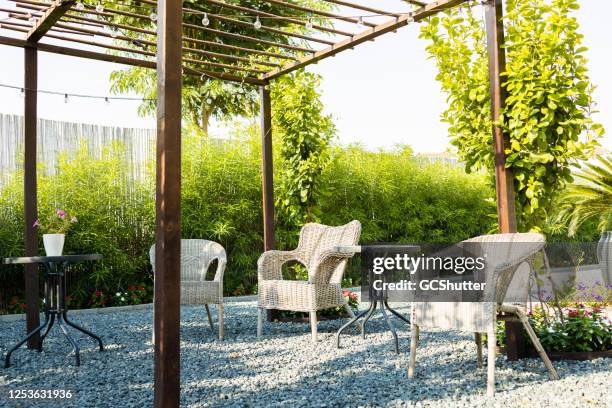 backyard garden patio of a villa in dubai - lush backyard stock pictures, royalty-free photos & images