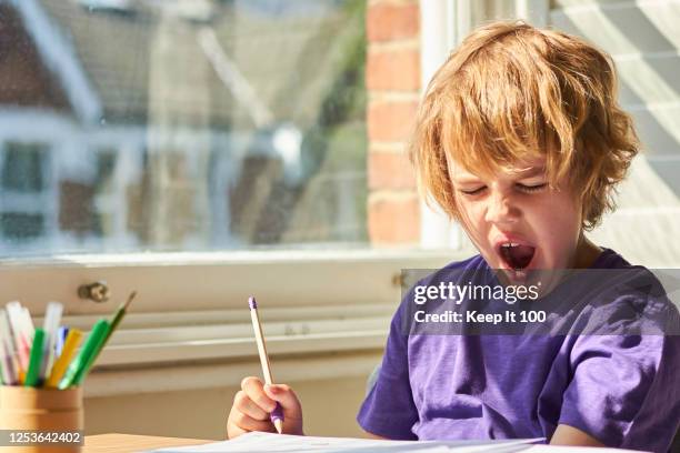 boy studying at home - yawning is contagious imagens e fotografias de stock