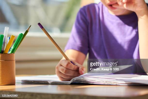 boy studying at home - workbook stock pictures, royalty-free photos & images