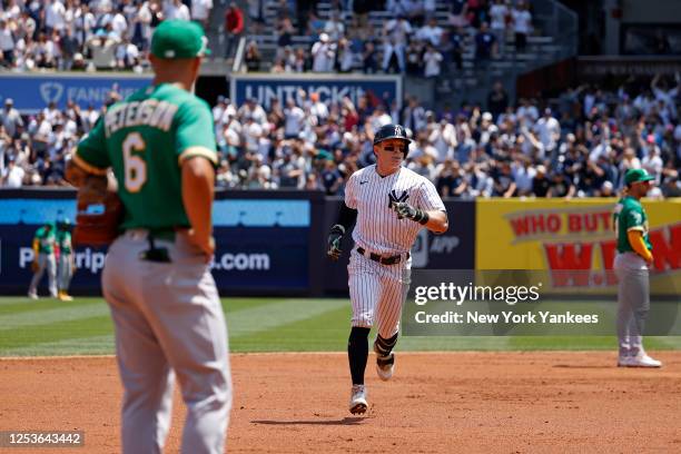 Harrison Bader of the New York Yankees hits a three-run home run during the game against the Oakland Athletics at Yankee Stadium on May 10 in New...