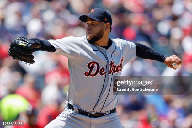 Eduardo Rodriguez of the Detroit Tigers pitches against the Cleveland Guardians during the second inning at Progressive Field on May 10, 2023 in...