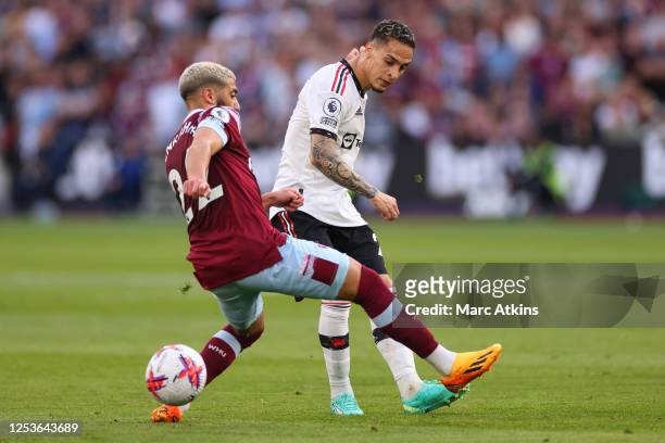 Antony of Manchester United in action with Said Benrahma of West Ham during the Premier League match between West Ham United and Manchester United at...