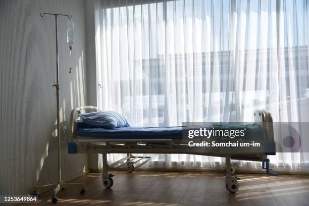 the patient bed in hospital room is empty for medical treatment - icu ventilator stock pictures, royalty-free photos & images