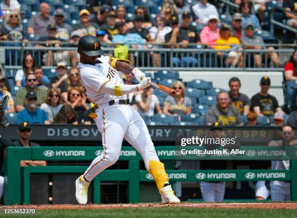 Andrew McCutchen of the Pittsburgh Pirates hits a two run home run in the third inning against the Colorado Rockies at PNC Park on May 10, 2023 in...