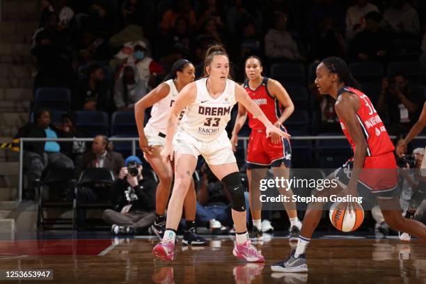 Leigha Brown of the Atlanta Dream plays defense during the game against Shatori Walker-Kimbrough of the Washington Mystics during the preseason game...