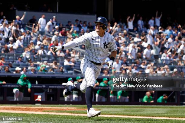 Anthony Volpe of the New York Yankees hits a grand slam during the game against the Oakland Athletics at Yankee Stadium on May 10 in New York, New...
