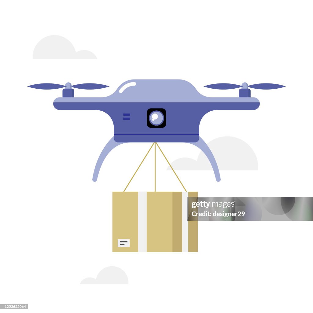 Drone Delivery Icon Flat Design. Boîte d’expédition transportant drone Vector Design.