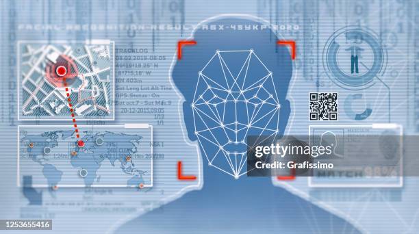 ilustraciones, imágenes clip art, dibujos animados e iconos de stock de concepto de tecnología de reconocimiento facial gui para autenticación - sistema de reconocimiento facial