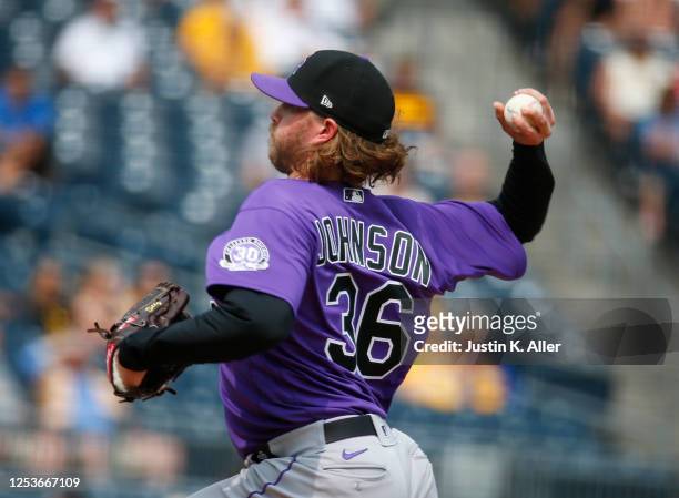 Pierce Johnson of the Colorado Rockies pitches in the ninth inning against the Pittsburgh Pirates at PNC Park on May 10, 2023 in Pittsburgh,...