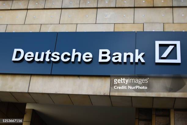 Deutsche Bank logo is seen on an office building in Krakow, Poland on May 9, 2023.