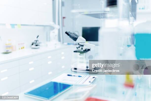 laboratory equipment. microscope and glassware - laboratory equipment stock pictures, royalty-free photos & images