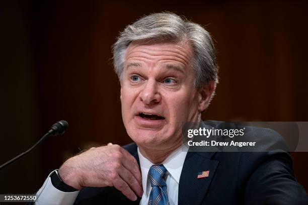 Director Christopher Wray testifies during a Senate Appropriations Subcommittee on Commerce, Justice, Science, and Related Agencies hearing on...