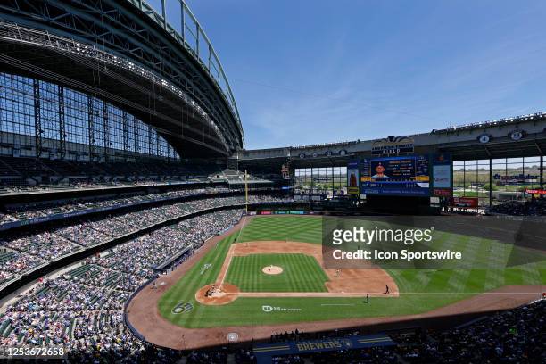 General view from the upper level during an MLB game between the Los Angeles Dodgers and Milwaukee Brewers on May 10, 2023 at American Family Field...