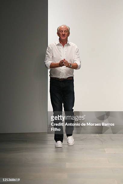Paul Costelloe walks the runway at the Paul Costelloe Spring/Summer 2012 show at London Fashion Week at Somerset House on September 16, 2011 in...