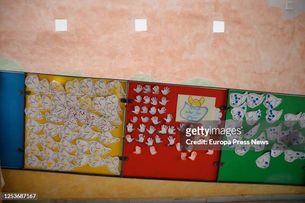 Posters and drawings are seen at Gloria Fuertes Nursery School, on the day of its reopening after the break due to the coronavirus at the town of...